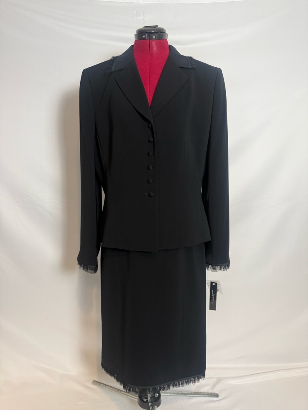 NWT Tahari ASL Skirt Suit Size 12 Black 2-Piece Set Blazer & Skirt Fringe Trim